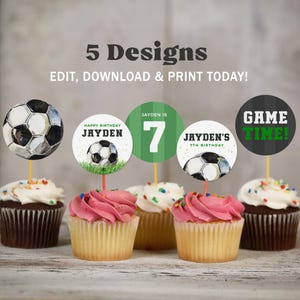May include: Five cupcake toppers with a soccer ball theme. The toppers feature a soccer ball, the words "Happy Birthday Jayden", "Jayden is 7", "Jayden's 7th Birthday", and "Game Time!"