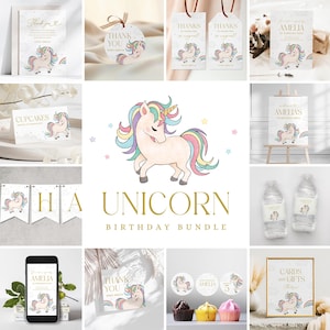 Unicorn Birthday Party Bundle, Magical Party Collection, Girl Birthday Decorations, Instant Download, Editable/Printable template, #H048