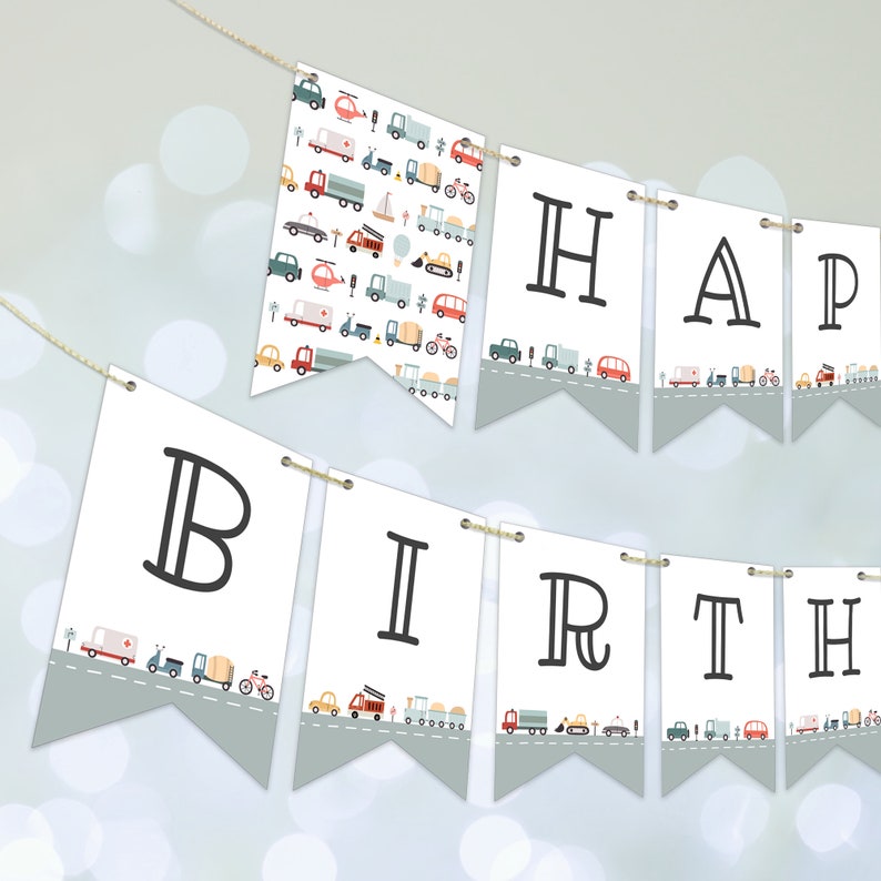 Editable Transportation Happy Birthday Banner, Transportation bunting banner, Boy Birthday, Instant Download, Printable template, H025 image 3