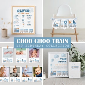 Pacote editável de primeiro aniversário do trem, coleção Choo Choo Train Party, primeiro ano, aniversário de menino, download instantâneo, modelo para impressão, #H028