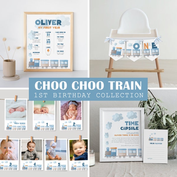 Editable Train 1st Birthday Bundle, Choo Choo Train Party Collection, First Year, Boy Birthday, Instant Download, Printable template, #H028
