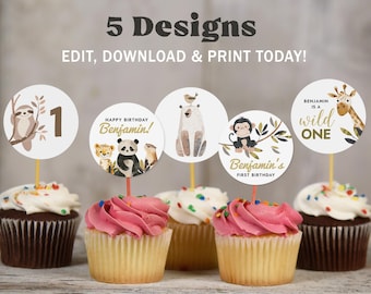 Safari Animals Cupcake Toppers : Wild One Birthday (Instant Download, Editable/Printable template) #H072