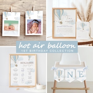 Lot de 1er anniversaire de montgolfière, collection de fête moderne en montgolfière, décoration de premier anniversaire de garçon, modèle modifiable/imprimable, #H001