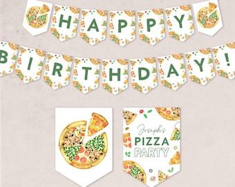 May include: A festive banner set with pennants featuring pizza slices and the words "HAPPY BIRTHDAY!" in green letters. Additional pennants read "Joseph's PIZZA PARTY". The design includes watercolor-style pizza illustrations.