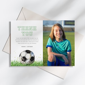 Tarjeta de agradecimiento con foto para fiesta de cumpleaños de fútbol, nota de agradecimiento para fiesta con temática deportiva, plantilla editable/imprimible, descarga instantánea, n.° H047
