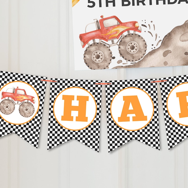 Editable Monster Truck Happy Birthday Banner, Truck Party Bunting ...