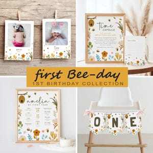 Pack anniversaire premier jour des abeilles, collection fête Boho Bumble Bee, 1er anniversaire de fille, téléchargement immédiat, modèle modifiable/imprimable, #H041