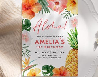 May include: Aloha! Hula on over to celebrate Amelia's 1st Birthday.  A tropical-themed invitation with a pineapple, hibiscus flowers, and palm leaves.  The invitation includes the date, time, address, and RSVP information.