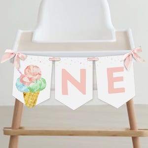 Ice Cream 1st Birthday ONE High Chair Banner, Pastel Ice Cream Banner, Summer Birthday, Instant Download, Editable/Printable template, #H055