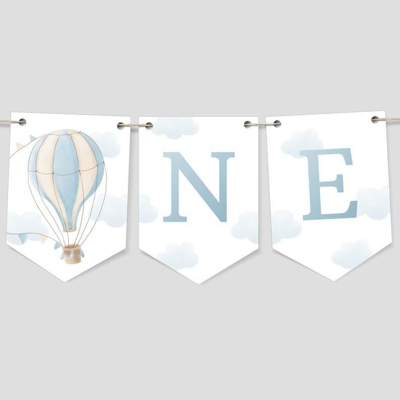 May include: A blue and white hot air balloon with a basket and clouds on a white banner with the word "ONE" in blue letters.
