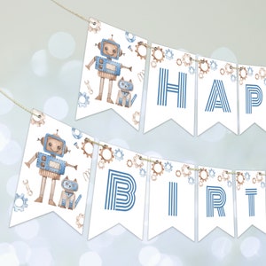 Editable Robot Birthday Banner, Robot Happy Birthday bunting banner, Robot Banner, Instant Download, Printable template, #H010