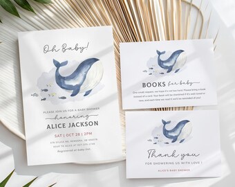 Walvis babyshower uitnodigingsset: boeken voor baby, bedankkaart (direct downloaden, bewerkbare/afdrukbare sjabloon) #S005