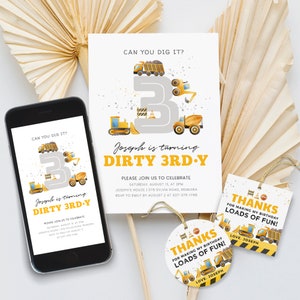 Editable Dirty 3rd-y Birthday Invitation, Construction Phone Invite, Construction Favor Tags, Instant Download, Printable Template, #H018