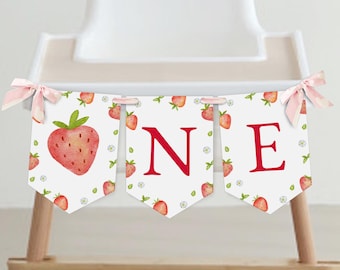 Strawberry ONE High Chair Banner : Berry First Birthday, Editable/Printable template (Instant Download) #H073