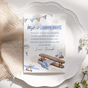 Bearbeitbare Flugzeug-Geburtstags-Dankeskarte, Dankeskarte unter dem Thema Luftfahrt, Jungen-Geburtstagskarte, druckbare Vorlage, Sofort-Download, #H059
