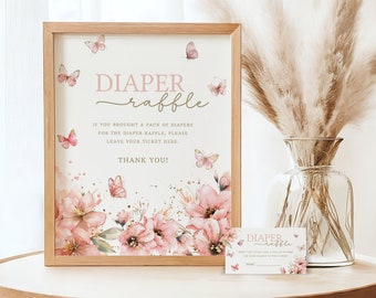 Butterfly Baby Shower Diaper Raffle Sign & Matching Ticket, Pink Floral Diaper Raffle, Instant Download, Editable/Printable Template, #H040