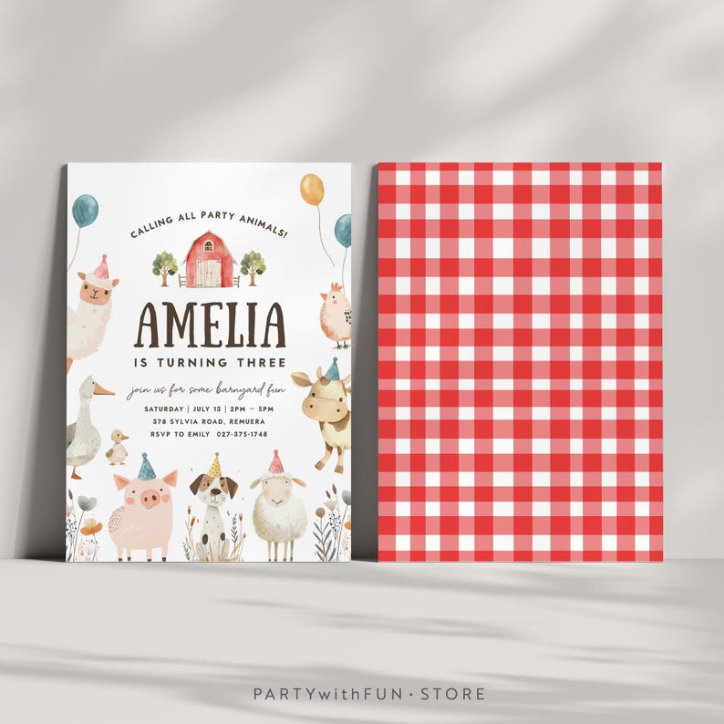 May include: A birthday party invitation with a barnyard theme. The invitation features illustrations of farm animals, balloons, and the text "Amelia is turning three." The back of the invitation has a red and white checkered pattern.
