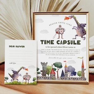 Letrero de cápsula del tiempo con dragón y caballero, tarjetas con mensajes a juego, decoración para el primer cumpleaños de un niño, descarga instantánea, plantilla editable/imprimible, n.° H031