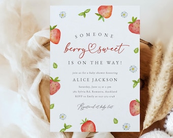 Strawberry Baby Shower Invitation : Berry Sweet theme, Editable/Printable template (Instant Download) #S073