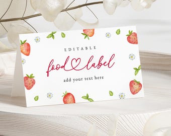 Etiqueta para comida de baby shower con temática de fresas: Plantilla editable/imprimible (descarga instantánea) #S073