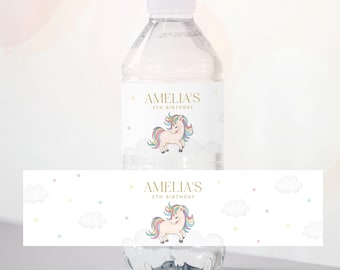 Unicorn Birthday Water Bottle Label, Magical Party Water Bottle Wrap, Girl Birthday, Instant Download, Editable/Printable Template, #H048