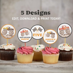 Editable Monster Truck Birthday Cupcake Toppers, Monster Truck Stickers, Boy Birthday Decor, Instant Download, Printable template, #H003