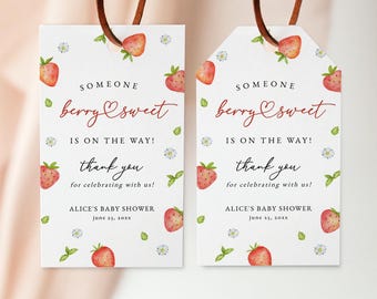 Etiquetas para recuerdos de baby shower con temática de fresas: Rectangular y recortada, plantilla editable/imprimible (descarga instantánea) #S073