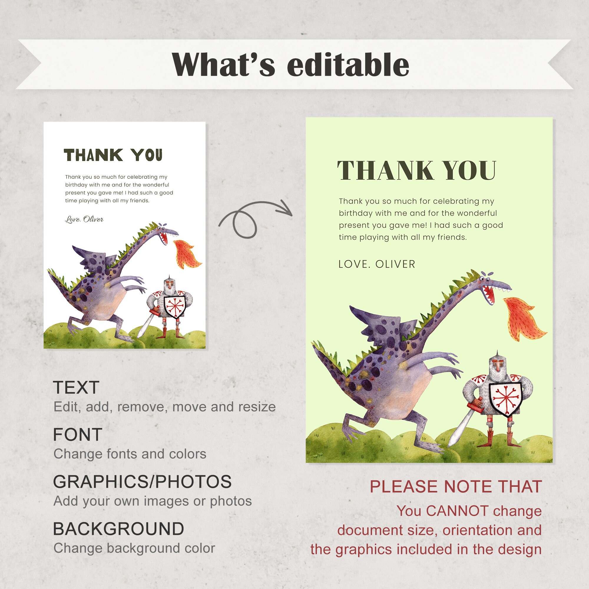 Editable Dragon Birthday Thank You Card, Knight Party Thank You Note ...
