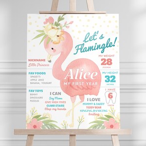 Letrero de hito de cumpleaños de flamenco, póster de hito de flamenco, primer año, primer cumpleaños de niña, descarga instantánea, plantilla editable/imprimible