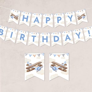 Airplane Happy Birthday Banner, Pilot Party bunting banner, Airplane Birthday Decor, Instant Download, Editable/Printable template, #H059