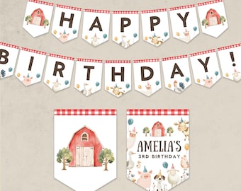 May include: A set of printable farm-themed birthday party decorations. The set includes a banner that says "Happy Birthday!" and two signs with a red barn and farm animals. One sign says "Amelia's 3rd Birthday".