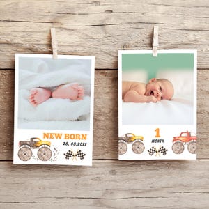 May include: Two photos of a baby, one with the baby's feet and one with the baby lying on its stomach. Both photos are in a white frame with a monster truck design and the text "NEW BORN 28.08.20XX" and "1 MONTH".