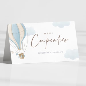 Voedseletiket heteluchtballon, plaatskaart omhoog en weg, gevouwen kaart, verjaardagsdecor jongen, direct downloaden, bewerkbare/afdrukbare sjabloon, #H001