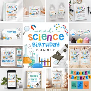 Pacote de aniversário científico, coleção de festa de ciência louca, decoração de aniversário de laboratório científico, download instantâneo, modelo editável/imprimível, #H054