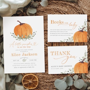 Little Pumpkin Baby Shower Invitation Set, Thank you Card, Books for baby, Gender Neutral Baby Shower, Editable/Printable Template, #S007