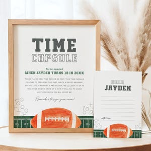 Placa de cápsula do tempo de aniversário de futebol, cartão de mensagem correspondente, decoração de primeiro aniversário de menino, download instantâneo, modelo editável/imprimível, #H052