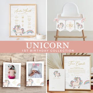 Pacote de festa de 1º aniversário de unicórnio, coleção de festa mágica, decoração de primeiro aniversário de menina, download instantâneo, modelo editável/imprimível, #H048