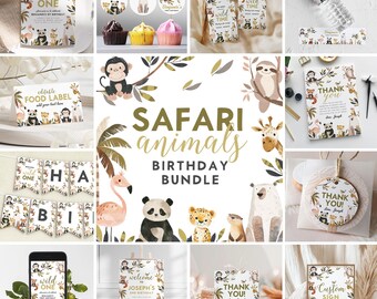Safari Animals Birthday Bundle : Invitation and Decorations (Instant Download, Editable/Printable template) #H072