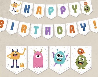 Puede incluir: Una pancarta blanca con las palabras "¡Feliz cumpleaños!" en letras de colores. La pancarta está decorada con pequeños confetis de colores. Debajo de la pancarta hay cuatro ilustraciones de monstruos coloridos.