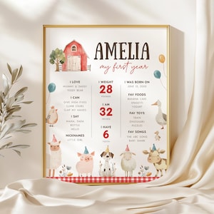 Cartel de hito de cumpleaños de granja, cartel de hito de fiesta en el corral, animales de granja lindos, descarga instantánea, plantilla editable/imprimible, n.° H053