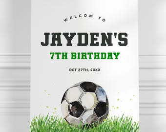 May include: Welcome to Jayden's 7th Birthday party sign with a green and white soccer ball on a green grass background. The text is in black and green.