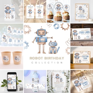 EDITABLE Robot Birthday Bundle, Robot Birthday Collection, Kids Birthday Decorations, Instant Download, Printable Template, #H010