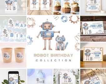 EDITABLE Robot Birthday Bundle, Robot Birthday Collection, Kids Birthday Decorations, Instant Download, Printable Template, #H010