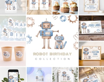 Op de afbeelding: Een verzameling printbare feestversieringen met een robot en een kat. De versieringen omvatten een banner, cupcaketoppers, voedseletiketten, een welkomstbord, een bedankkaartje en een waterfleslabel. Het thema is een robotverjaardagsfeest.