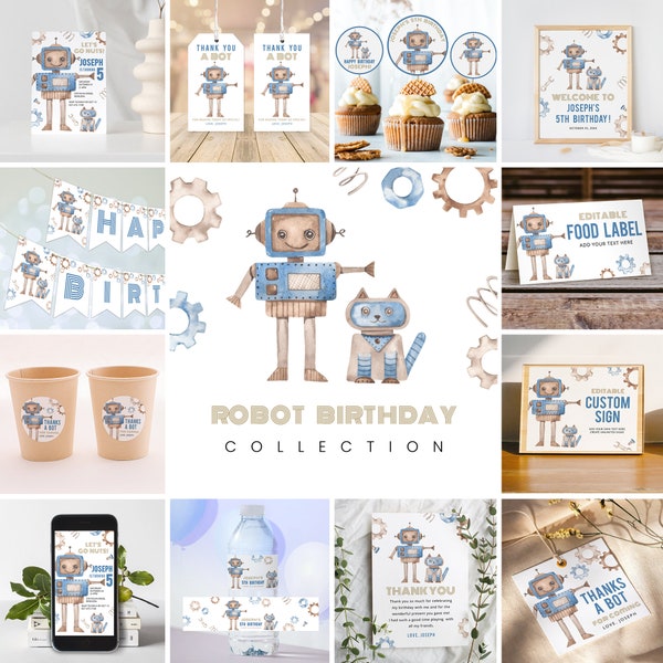 BEWERKBARE Robot Verjaardagsbundel, Robot Verjaardagscollectie, Kinderverjaardagsversieringen, Instant Download, Afdrukbare sjabloon, #H010