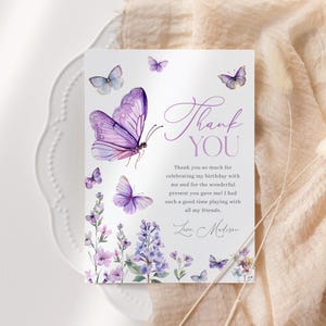 Schmetterling Geburtstagsparty Dankeskarte, modernes Blumen Dankeschön, Mädchen Geburtstag, bearbeitbare / druckbare Vorlage, Sofort Download, #H049