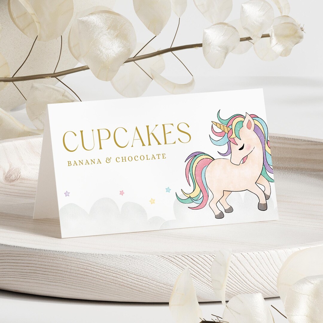 Unicorn Birthday Food Labels, Pastel Unicorn Folded Place Cards, Girl