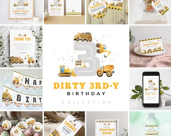 Editable Dirty 3rdy Birthday Bundle, Construction Birthday Collection, Birthday Decorations, Instant Download, Printable template, #H018
