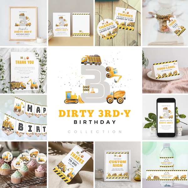 Editable Dirty 3rdy Birthday Bundle, Construction Birthday Collection, Birthday Decorations, Instant Download, Printable template, #H018