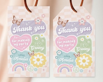 Groovy Girl Geburtstag Favor Tags, Rosa Retro Party Geschenkanhänger, Jedes Alter, 2x3.5, Instant Download, bearbeitbare / druckbare Vorlage, #H062